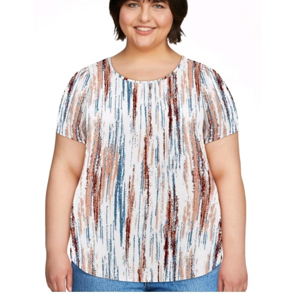 Fantaslook Womens 2XL Abstract Brushstroke Print Pleated Short Sleeve Blouse NEW